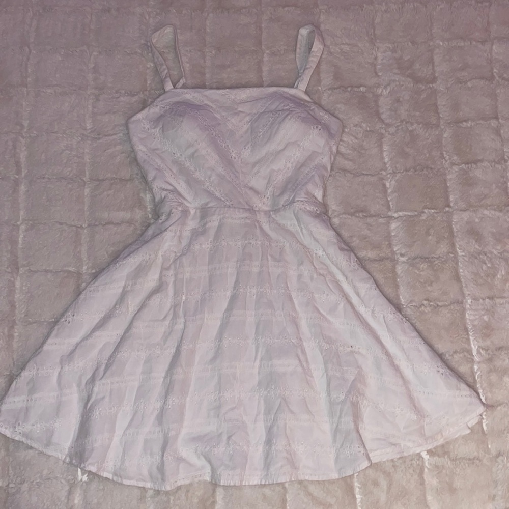 White adjustable spaghetti strap eyelet dress with bra pads, and 2-layers